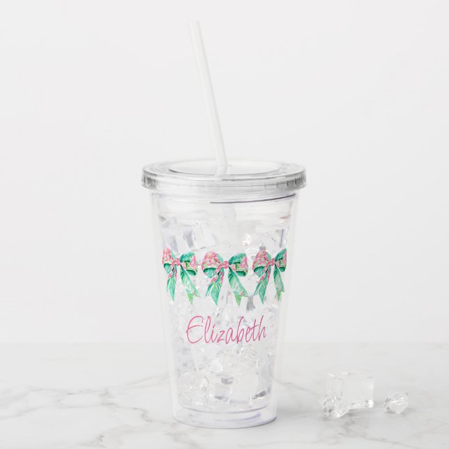 Preppy Pink and Turquoise Floral Bows Personalised Acrylic Tumbler (Front Ice)
