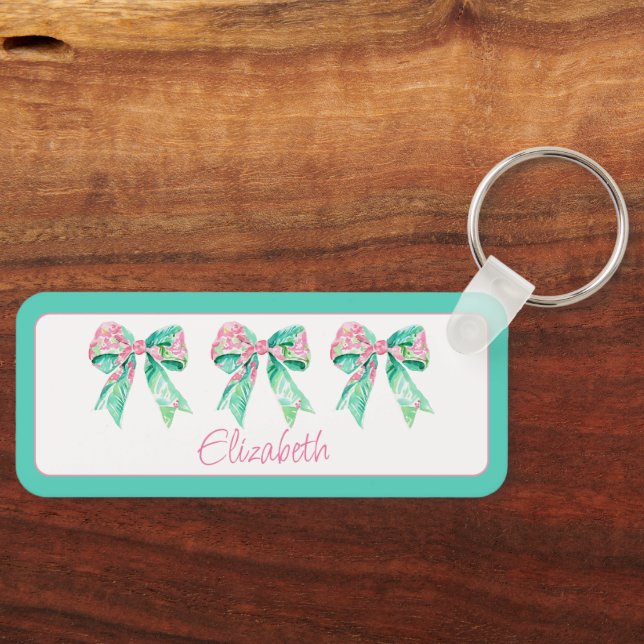 Preppy Pink and Turquoise Floral Bows Personalised Key Ring (Front)