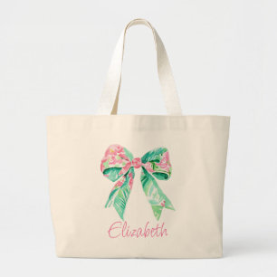 Preppy Pink and Turquoise Floral Bows Personalised Large Tote Bag