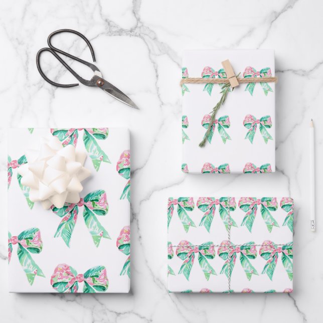 Preppy Pink and Turquoise Floral Bows Wrapping Paper Sheet (Front)