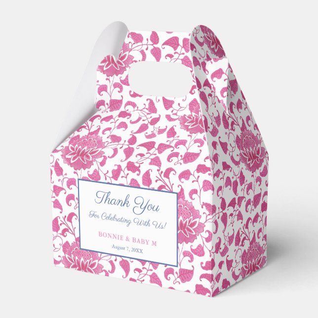 Preppy Pink And White Chinoiserie Baby Girl Shower Favour Box (Front Side)