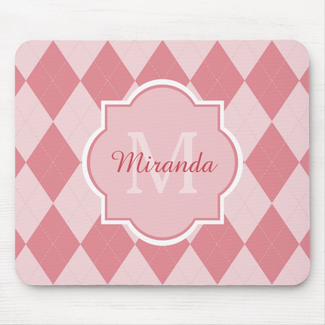 Preppy Pink Argyle Girly Monogram Office Name Mouse Pad (Front)