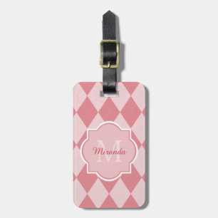 Preppy Pink Argyle Girly Monogram Travel Name Luggage Tag