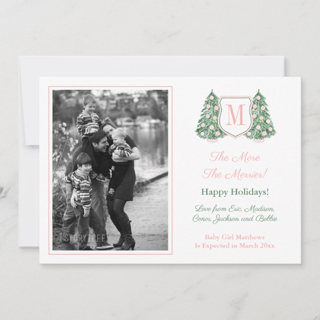 Preppy Pink Baby Girl Christmas Holidays Pregnancy Announcement (Front)