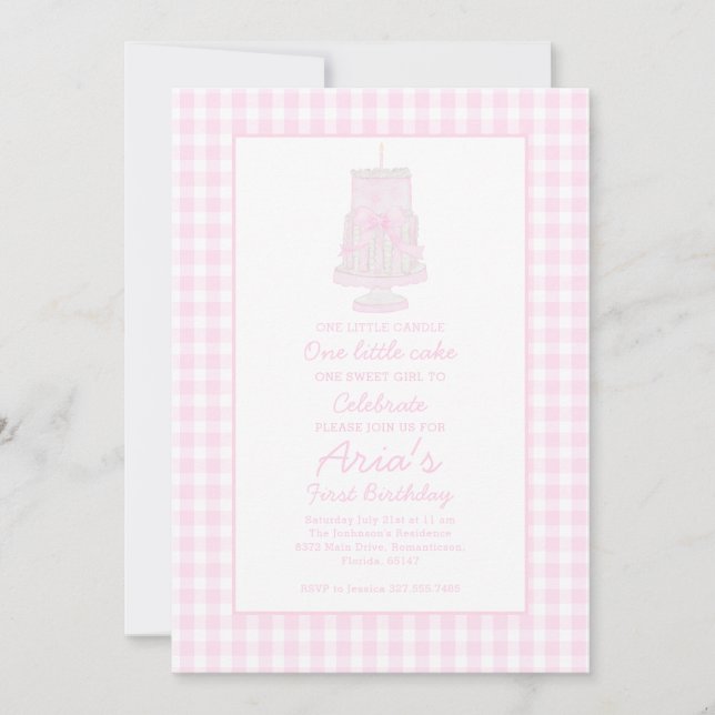Preppy Pink Birthday Cake First birthday Invitation (Front)