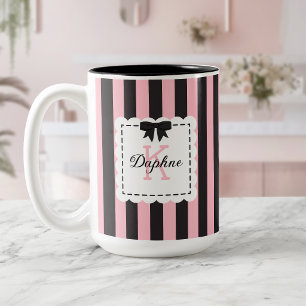 Preppy Pink Black Stripes Bow Monogrammed Two-Tone Coffee Mug
