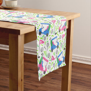 Preppy Pink Blue Golf Cart Pattern Short Table Runner