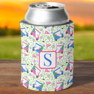 Preppy Pink Blue Green Golf Monogram Can Cooler