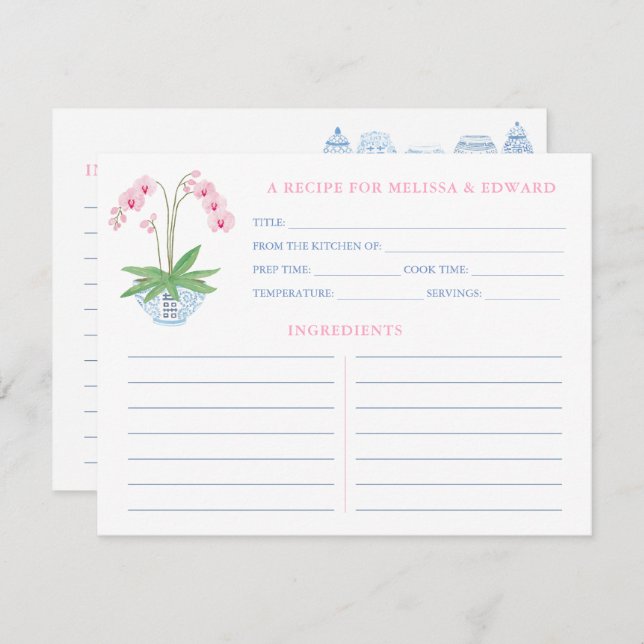 Preppy Pink Blue Orchid Bridal Shower Recipe Cards (Front/Back)
