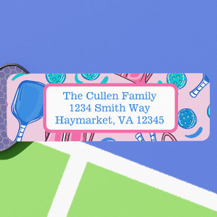 Preppy Pink Blue Pickleball Personalised Return Address Label