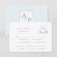Preppy Pink Blue Wedding Crest Meal Choice RSVP