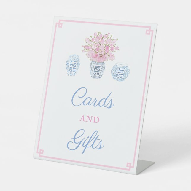 Preppy Pink Blue Wedding Shower Cards And Gifts Pedestal Sign (Front)