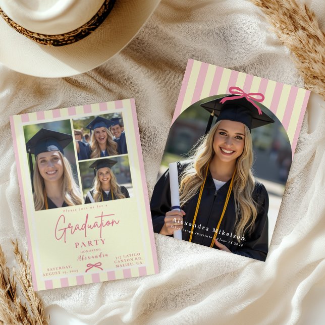 Preppy Pink Bow 4 Arch Photo Graduation Invitation (Creator Uploaded)
