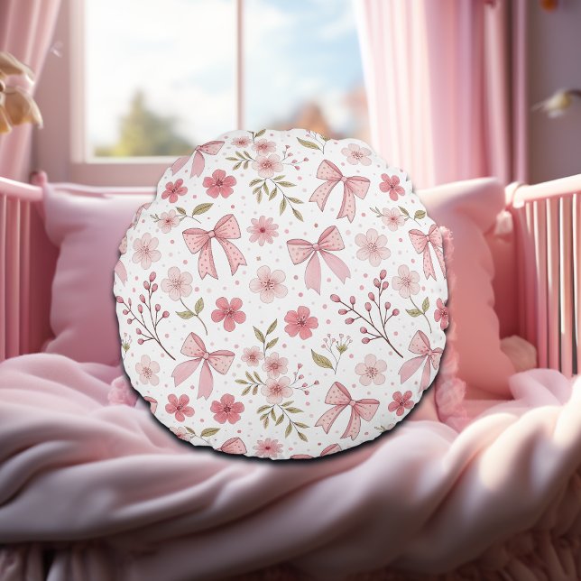Preppy Pink Bow and Flowers Round Cushion (Creator Uploaded)