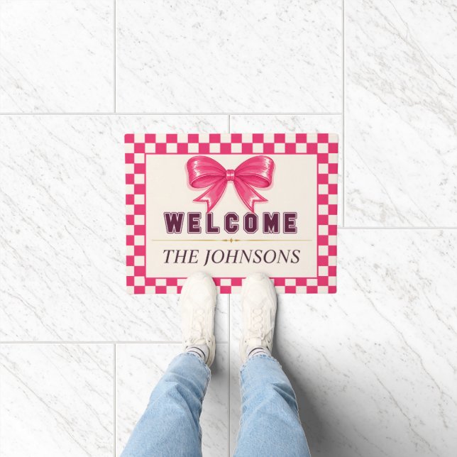 Preppy Pink Bow Chequerboard Welcome Doormat (Indoor)