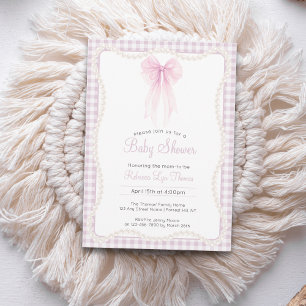 Preppy pink bow gingham grandmillenial baby shower invitation