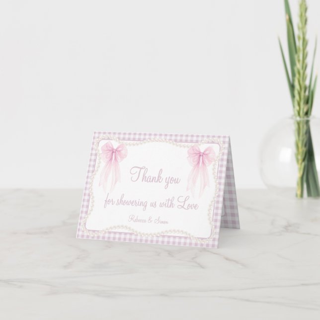 Preppy pink bow gingham grandmillenial baby shower thank you card (Front)