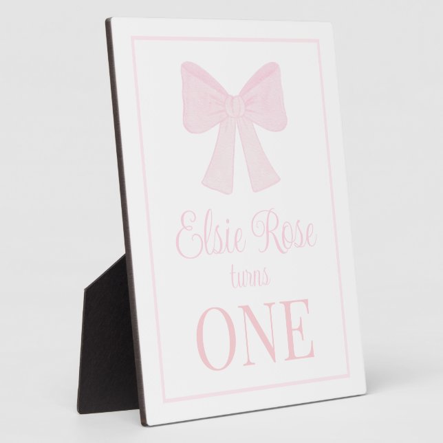 Preppy Pink Bow Grandmillennial First Birthday Plaque (Side)