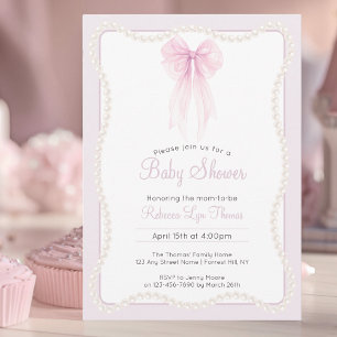 Preppy pink bow pearls grandmillenial baby shower invitation