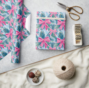 Preppy Pink Bows and Garland Christmas Wrapping Paper