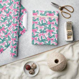 Preppy Pink Bows and Garland Christmas Wrapping Paper