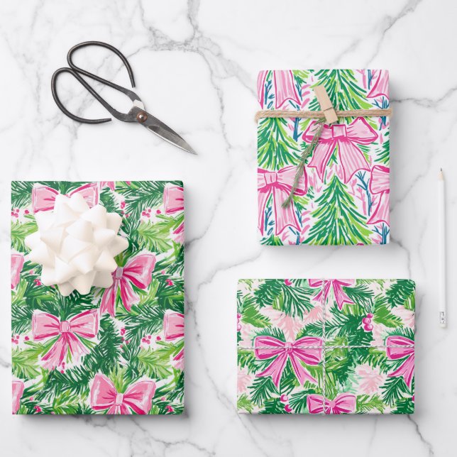 Preppy Pink Bows and Garland Christmas Wrapping Paper Sheet (Front)