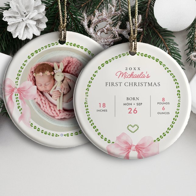 Preppy Pink Bows Baby's First Christmas Photo Ceramic Ornament (Creator Uploaded)