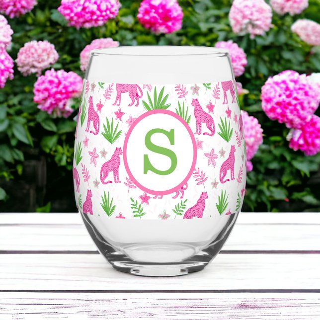 Preppy Pink Cheetah Monogram  Stemless Wine Glass (Creator Uploaded)