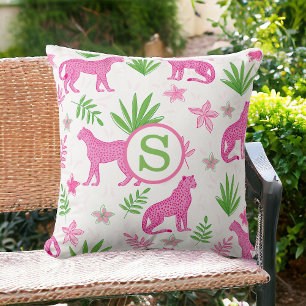 Preppy Pink Cheetah Monogram White Cushion