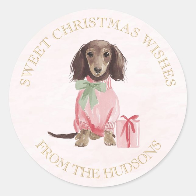 Preppy Pink Christmas Dachshund Sml Round Stickers (Front)