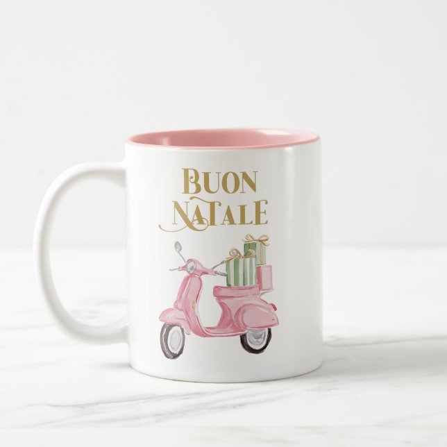 Preppy Pink Christmas Moped Buon Natale Mug (Left)