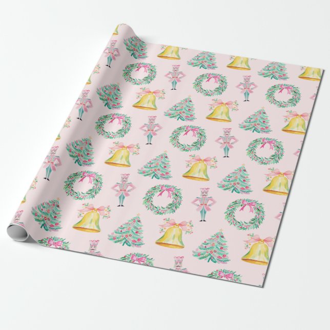 Preppy Pink Christmas Nutcracker Print Wrapping Paper (Unrolled)
