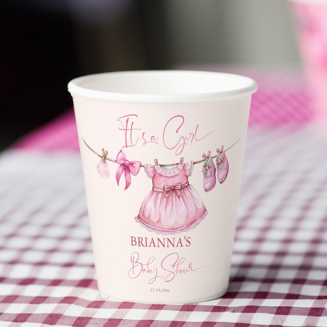Preppy pink clothes on a line baby shower custom paper cups (Preppy pink clothes on a line baby shower customized paper cups personalized baby shower tableware)