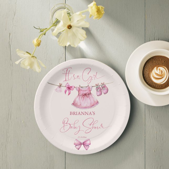 Preppy pink clothes on a line baby shower custom paper plate (Preppy pink clothes on a line baby shower monogrammed customized paper plates personalized decor)