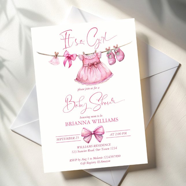 Preppy pink clothes on a line girls baby shower invitation (Preppy cute pink clothes on a line bow girls baby shower invitation template instant download)