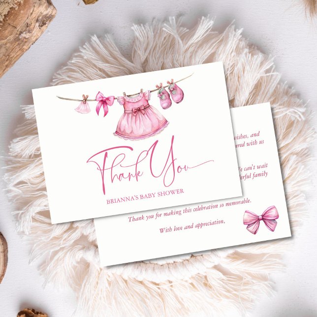 Preppy pink clothes on a line girls baby shower thank you card (Preppy pink clothes on a line girls baby shower thank you card cute whimsical girly thank you cards)