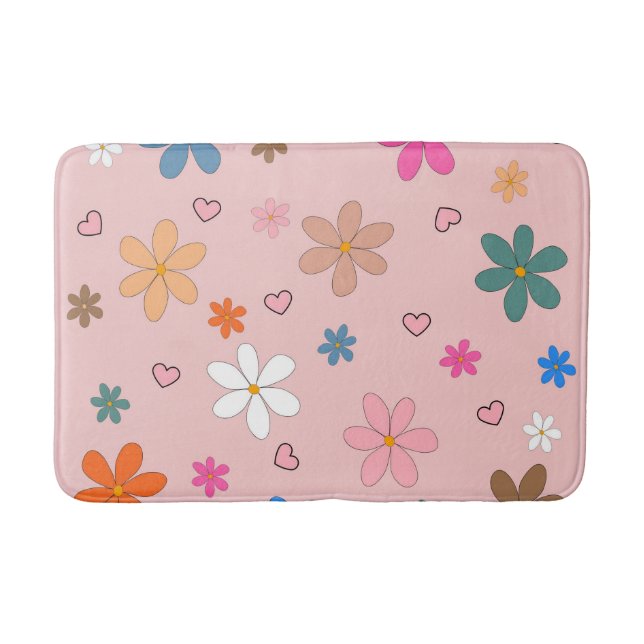 Preppy Pink Colourful Flower Heart Y2K Pattern Bath Mat (Front)