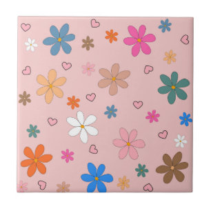Preppy Pink Colourful Flower Heart Y2K Pattern Ceramic Tile