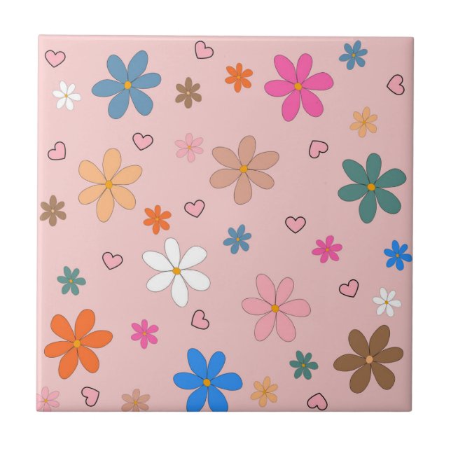 Preppy Pink Colourful Flower Heart Y2K Pattern Ceramic Tile (Front)