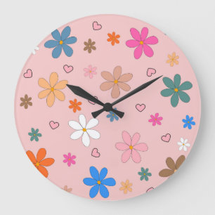 Preppy Pink Colourful Flower Heart Y2K Pattern Large Clock