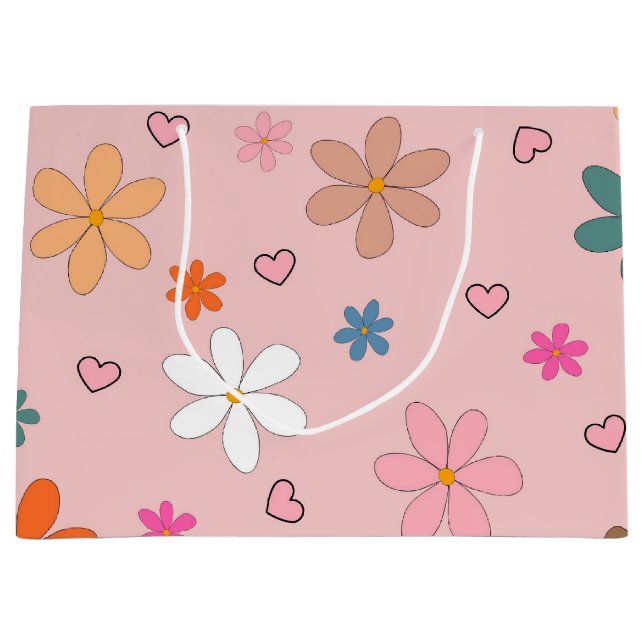 Preppy Pink Colourful Flower Heart Y2K Pattern Large Gift Bag (Front)