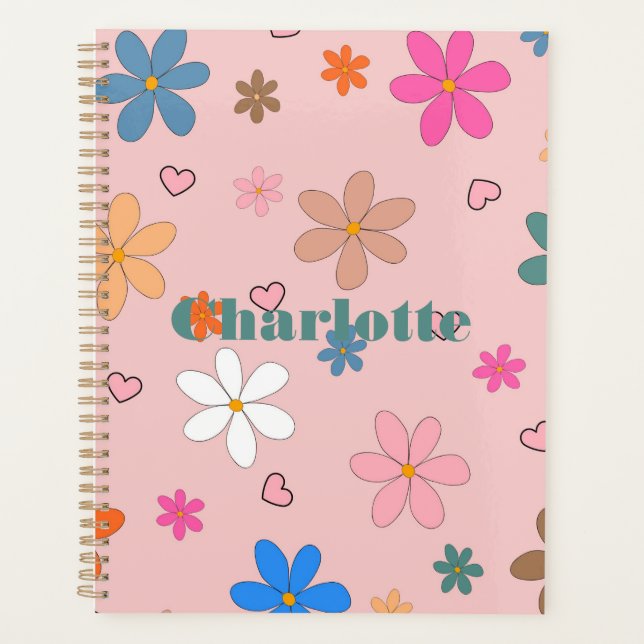 Preppy Pink Colourful Flower Heart Y2K Pattern Planner (Front)