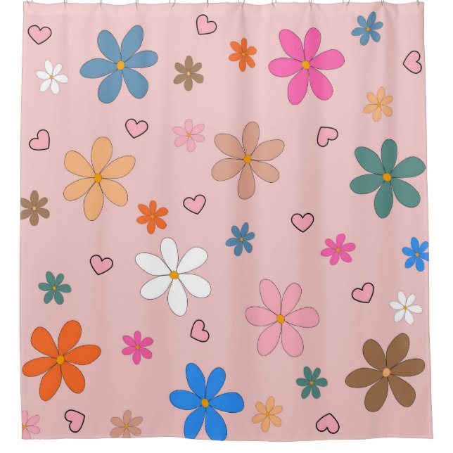 Preppy Pink Colourful Flower Heart Y2K Pattern Shower Curtain (Front)