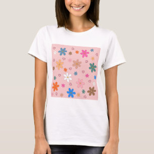Preppy Pink Colourful Flower Heart Y2K Pattern T-Shirt