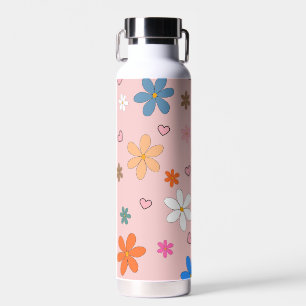 Preppy Pink Colourful Flower Heart Y2K Pattern Water Bottle