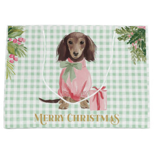 Preppy Pink Dachshund & Green Gingham Merry  Large Gift Bag
