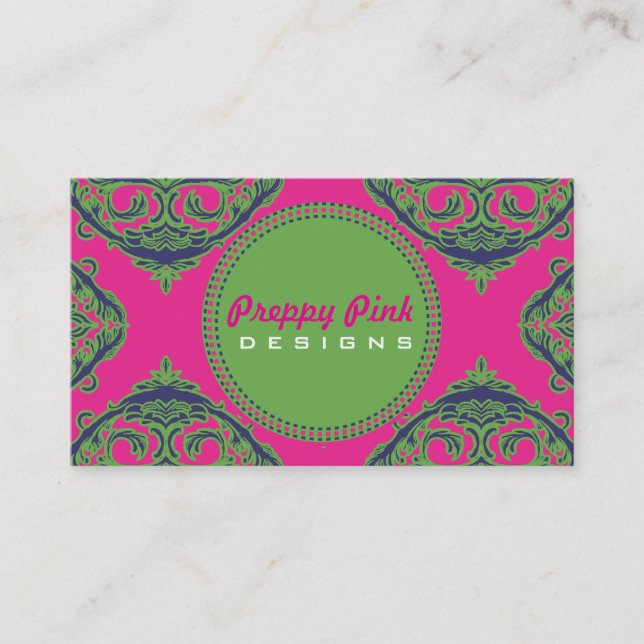 Preppy Pink Damask Business Card (Front)