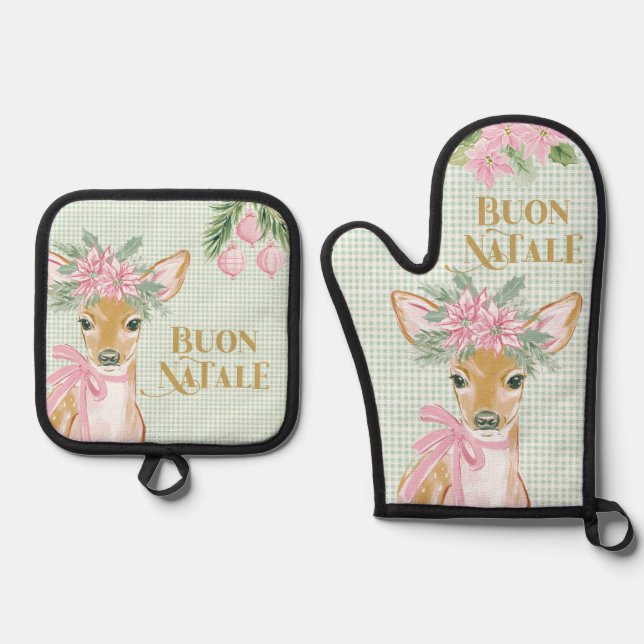 Preppy Pink Deer & Green Gingham Buon Natale Oven Mitt & Pot Holder Set (Front)