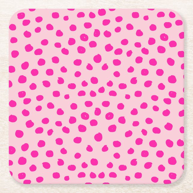 Preppy Pink Dots Modern Animal Print Spots Square Paper Coaster (Front)