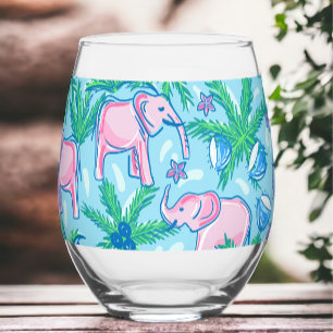 Preppy Pink Elephant Palm Tree  Stemless Wine Glass